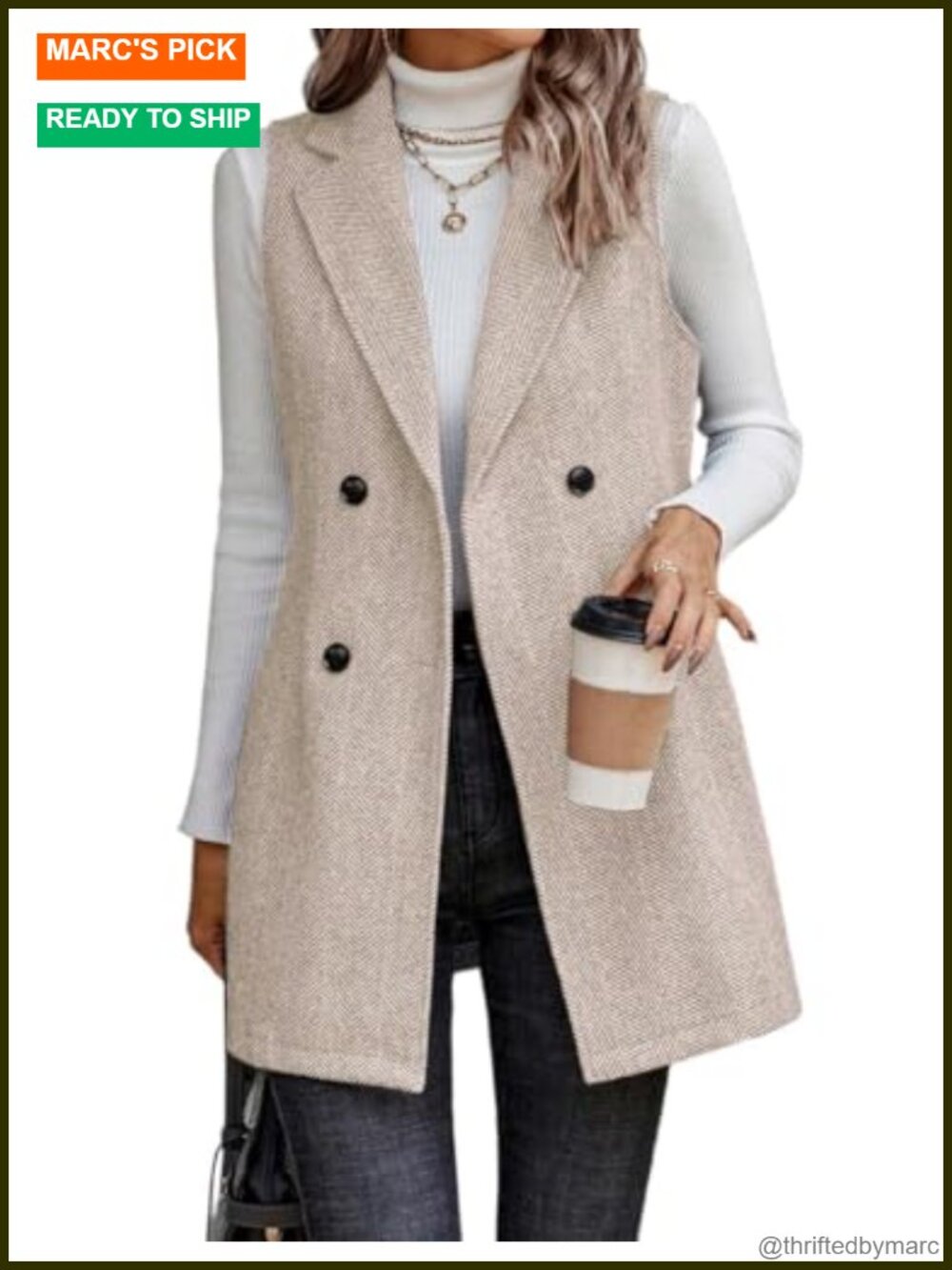 Womens Sleeveless Long Vest Tweed Blazer Double Breasted Button Cardigan